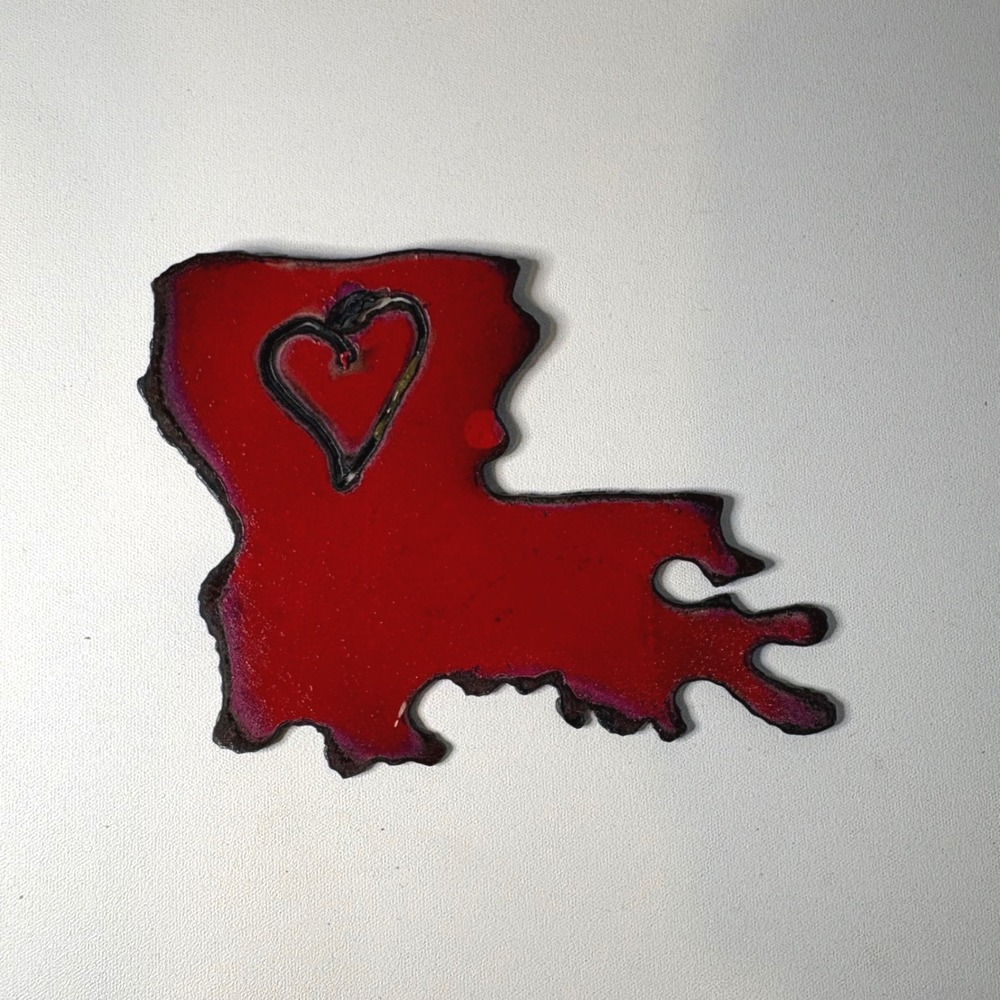 Handmade Louisiana State Heart Magnet Red Large Rustic Folk Art Decor